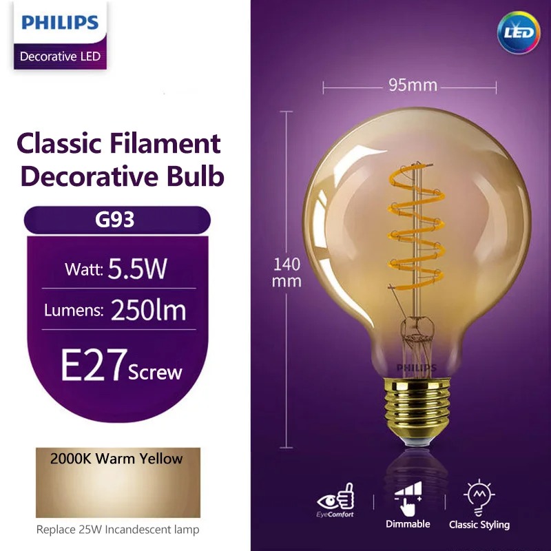 Philips Bulb Led Classic - Lámpara LED Philips G93, Filamento Clásico,